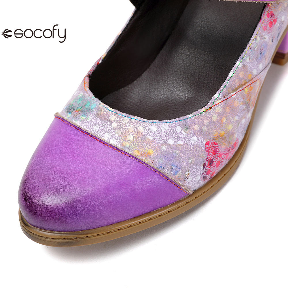 Socofy Vicconfy Genuine Leather Ethnic Vintage Style High Heeled Shoes