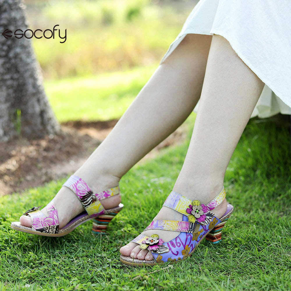 Socofy new summer style genuine leather retro three-dimensional flower rainbow and wine glass sandals for women