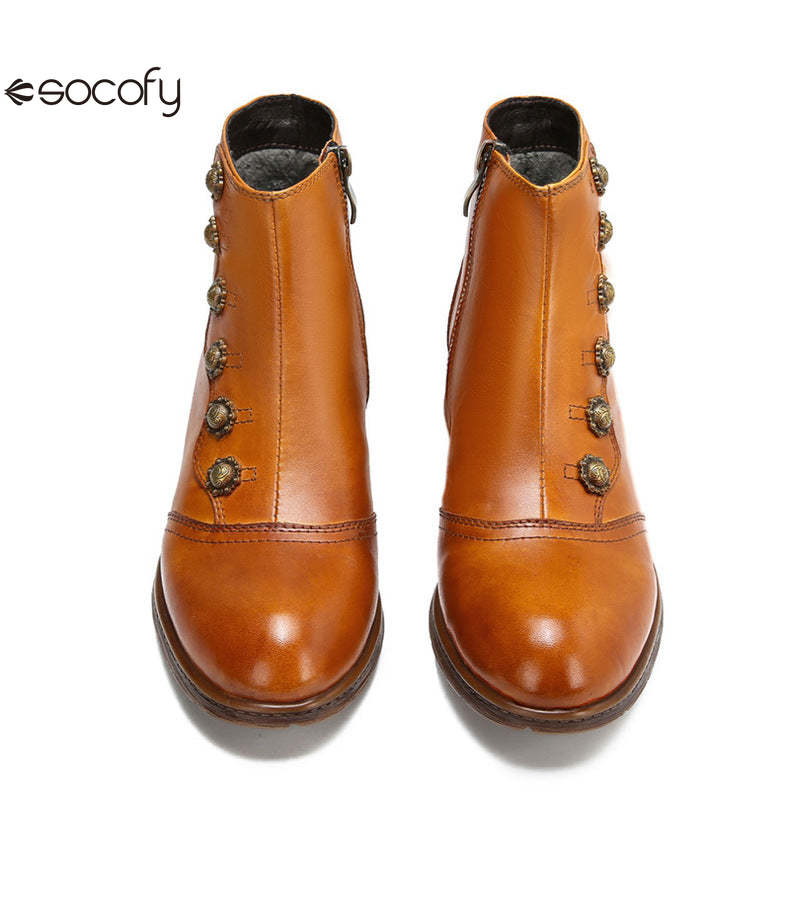 Socofy Vicconfy Women's Rivet Leather Boots Vintage Women's Shoes