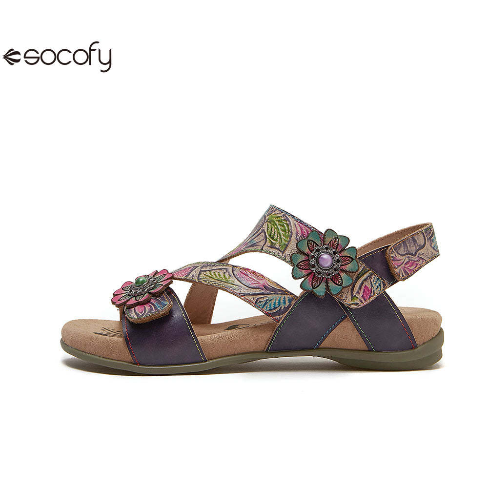 Socofy Bohemian retro first-layer cowhide flower-embellished women's sandals