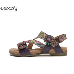 Socofy Bohemian retro first-layer cowhide flower-embellished women's sandals