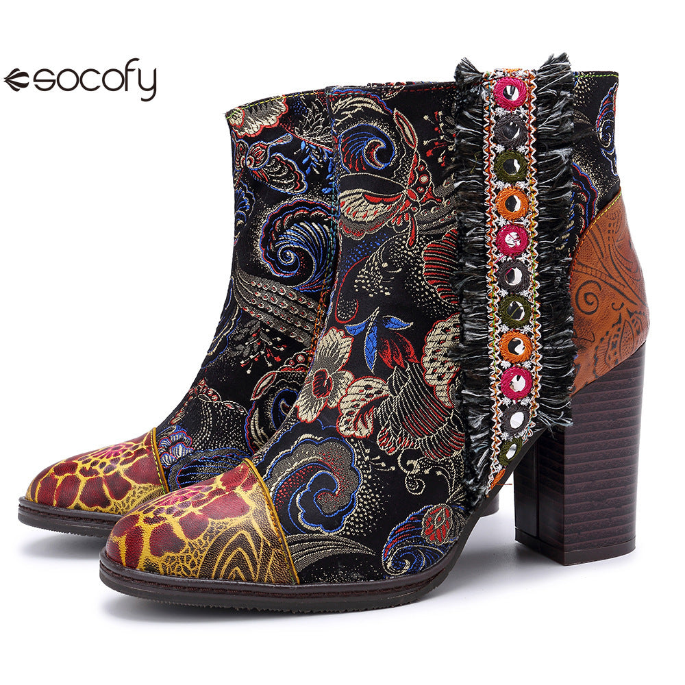 Socofy Vicconfy Genuine Leather Retro Court Style Chunky Heel Shiny Women's Boots