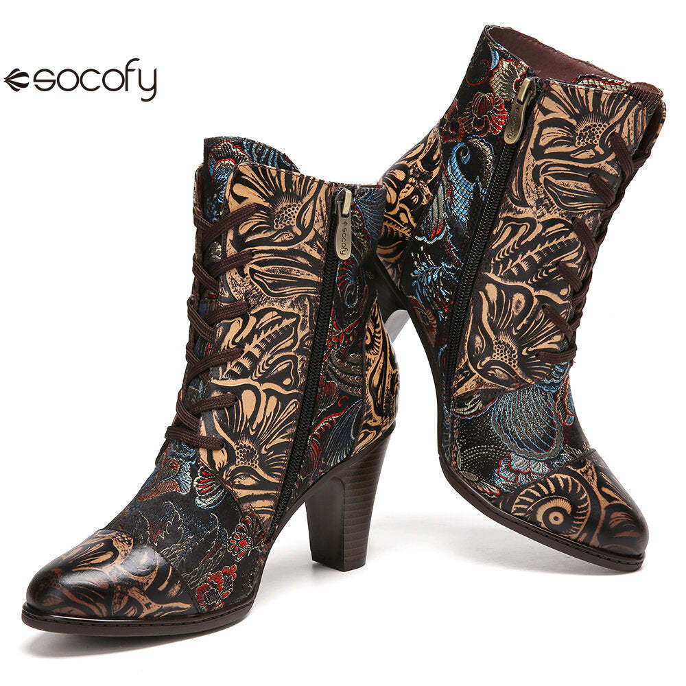 Socofy Vintage Pointed Embroidered Flowers Women's Fashion Boots