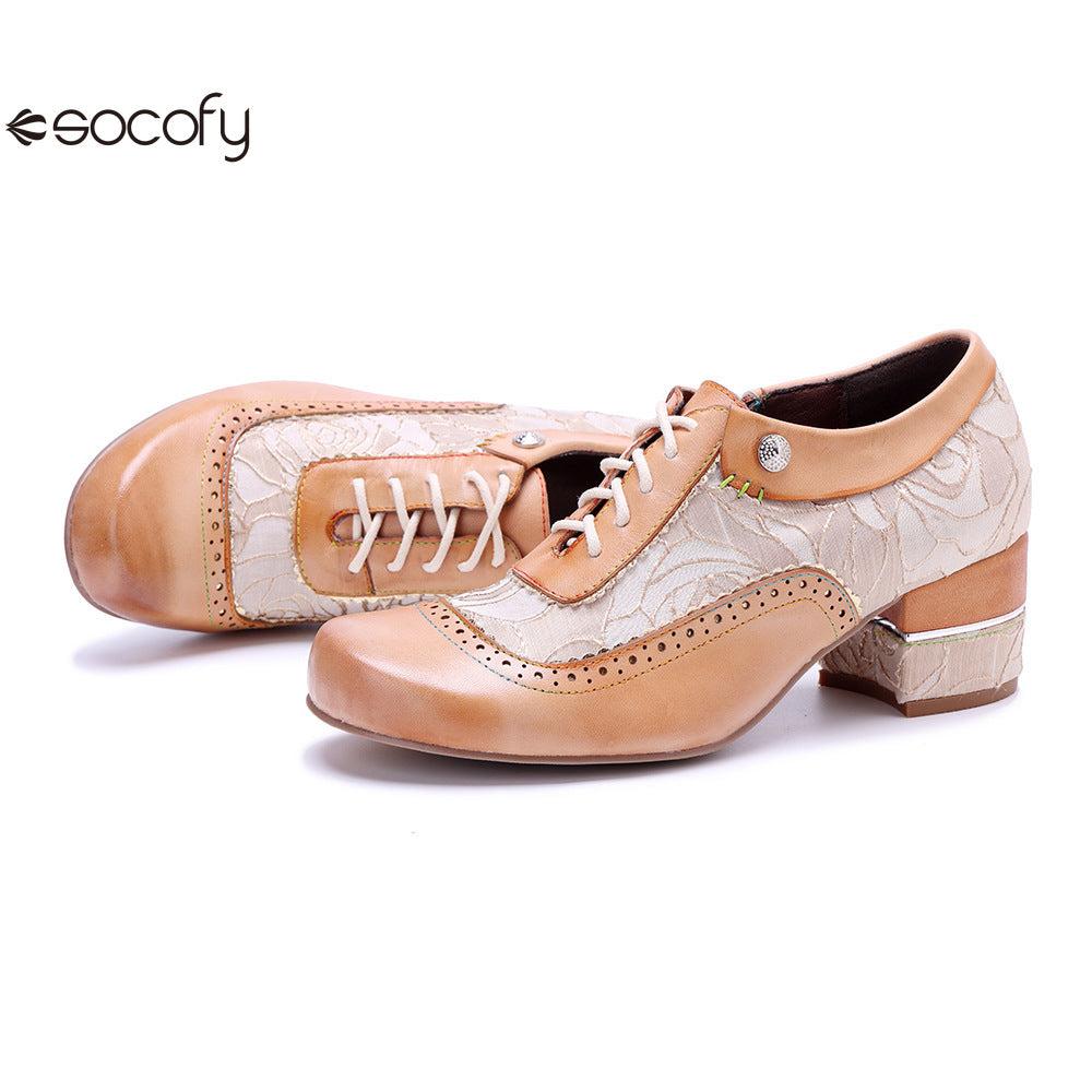 Socofy Genuine leather beige vintage brogue tassel side zipper pumps