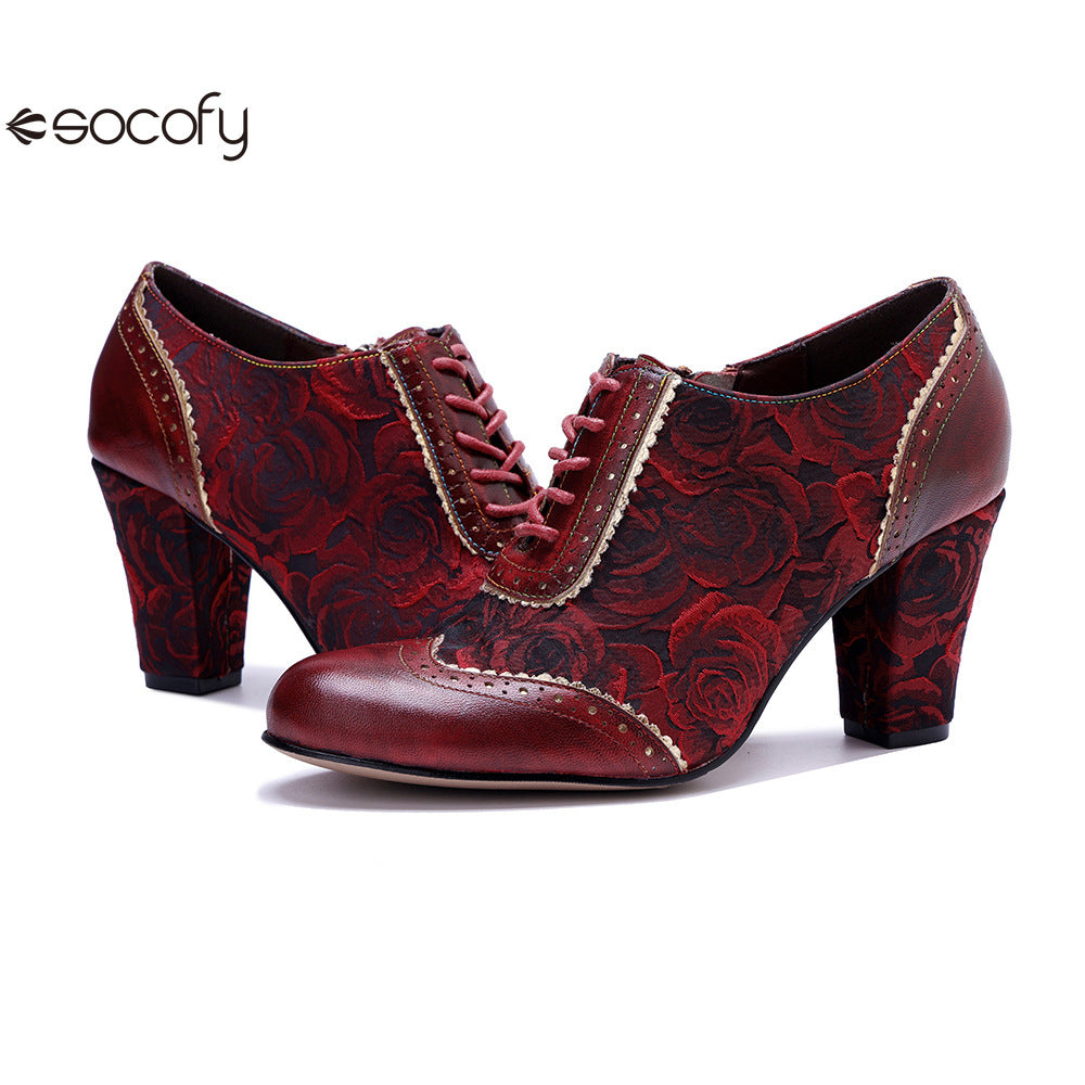 Socofy Genuine Leather Women's Leather Rivets Vintage French Court Style Elegant High Heels