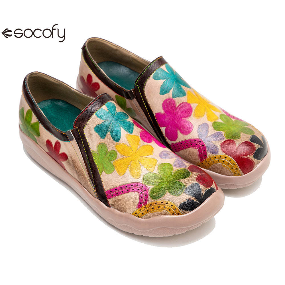 Socofy Vintage lamb leather Printed Lightweight Flat Women's Loafers