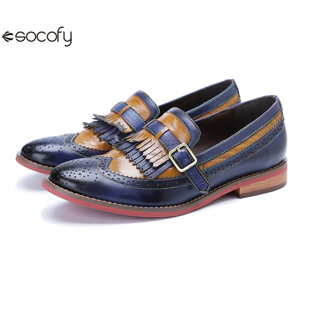 Socofy Genuine Leather Women's Retro Colorblocking Tassel Flat Comfort Loafers