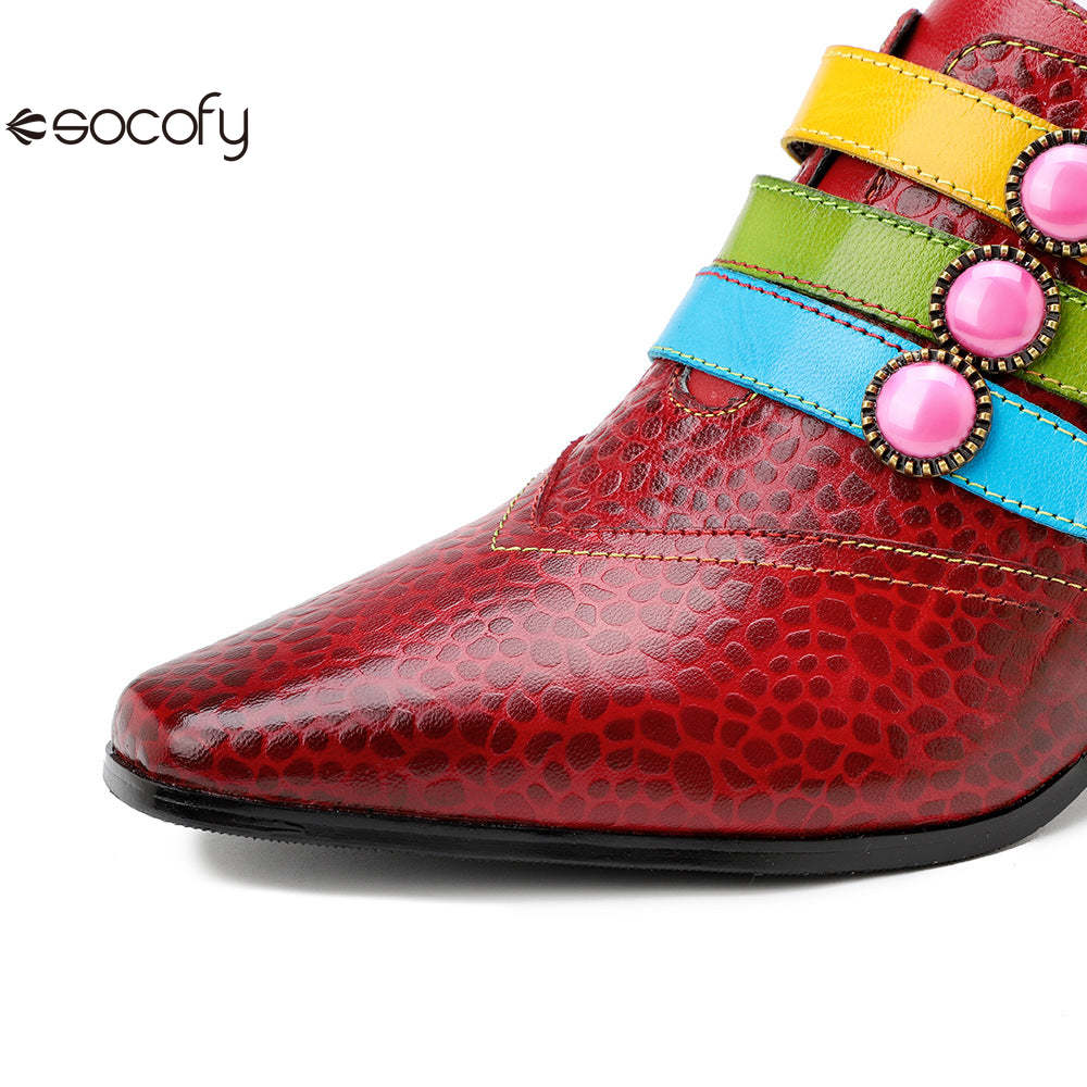 Socofy Red Leather Vintage Buckle High Heels Women's Shoes