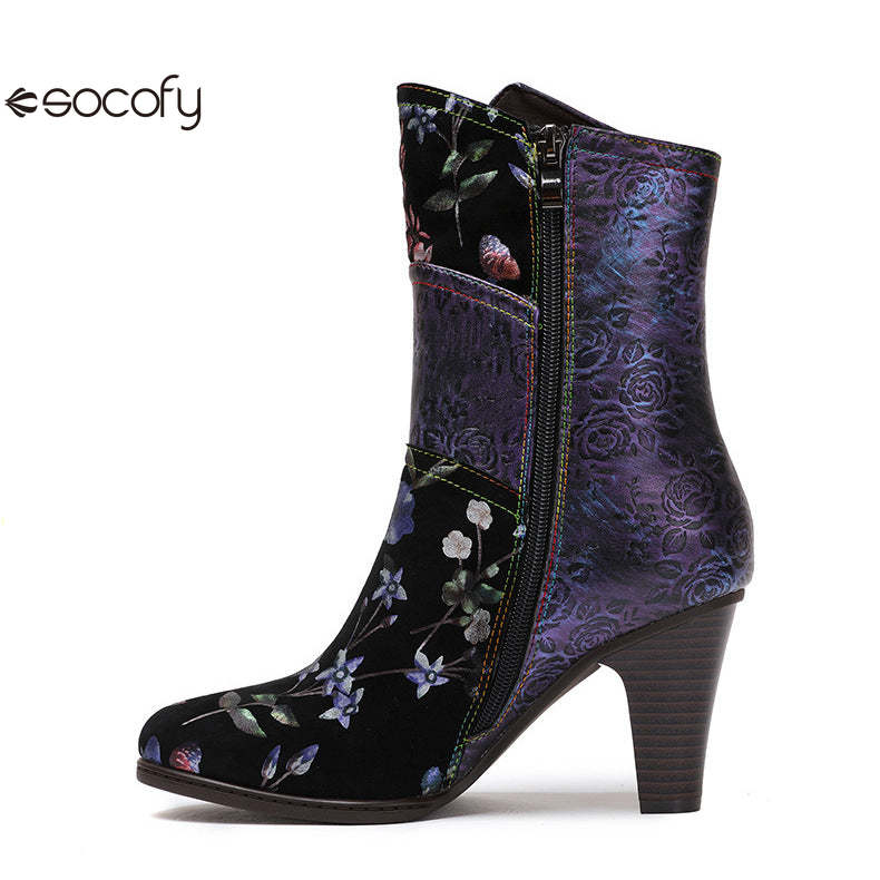 Socofy Vicconfy Court Leather Vintage Handmade High Heel Women's Boots