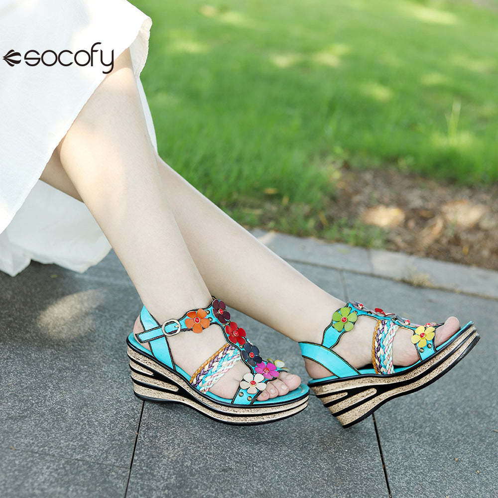 Socofy summer genuine leather bohemian style comfortable wedge sandals for women