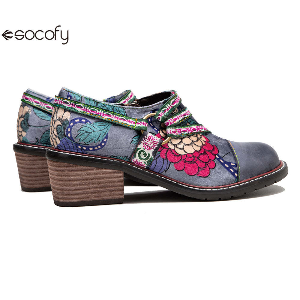 Socofy Leather Patchwork Vintage Graffiti Oxfords Brogues