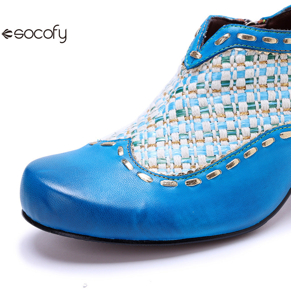 Socofy Genuine Leather Vintage Boho Woven Side Zipper Pumps