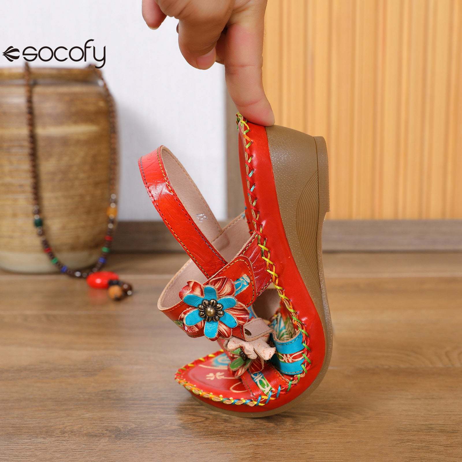 Socofy Vicconfy Summer genuine leather ethnic style wedge heel retro casual fashion flower decorated sandals