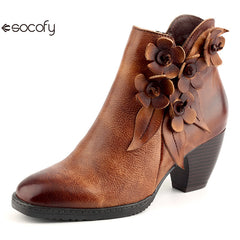 Socofy Genuine Leather Handmade Square Toe Vintage Handmade Flower Boots Woman