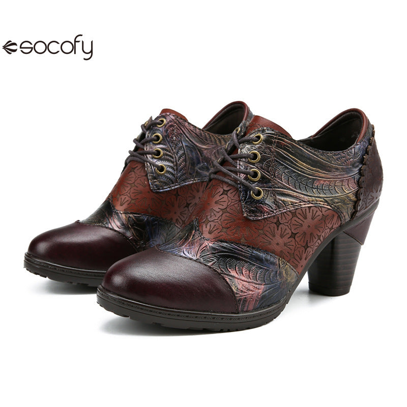 Socofy Genuine leather three-dimensional flower high heel pump