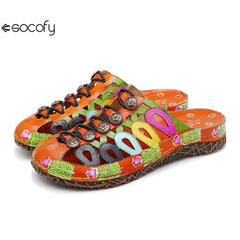 Socofy Summer Leather Hollow Out Buckle Comfortable Flat Women's Slippers