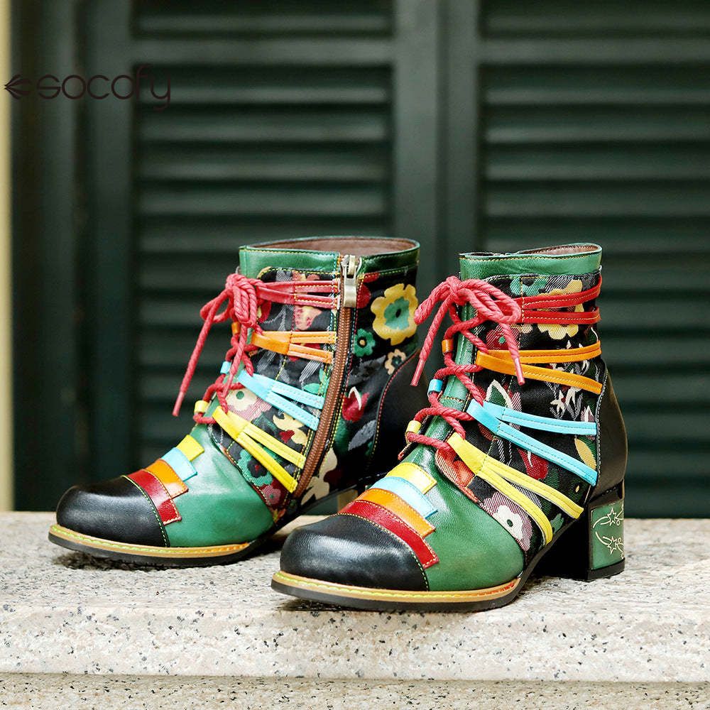 Socofy Vicconfy Handmade Genuine Leather Printed Patchwork Colorful Strappy Chunky Heel Women's Boots