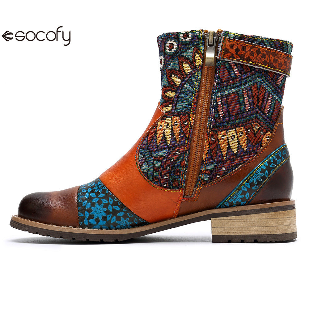 Socofy Vicconfy Genuine Leather Fringe Vintage Boots Flat Boots