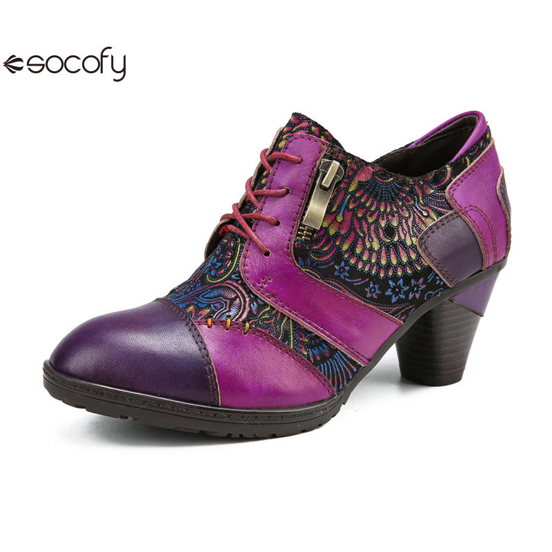 Socofy Vicconfy Genuine leather high heeled three-dimensional flowers drawstring pumps