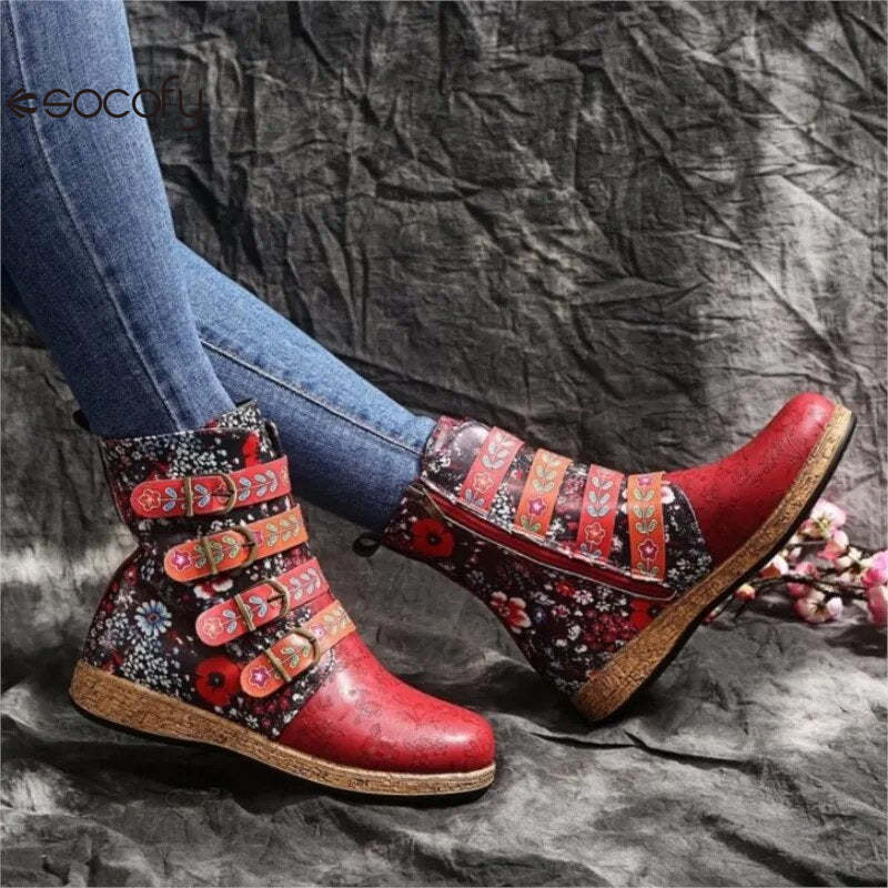 Socofy Women boots Leather Female Retro Printed Metal Buckle Soft Leather Zipper Ankle Boots