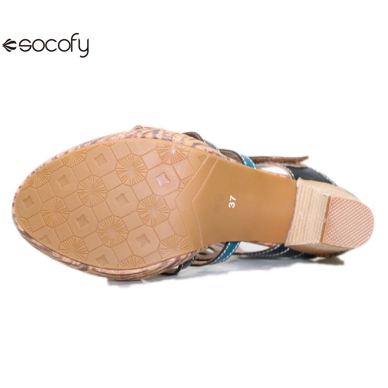 Socofy summer ethnic style leather women's shoes high heels handmade slippers