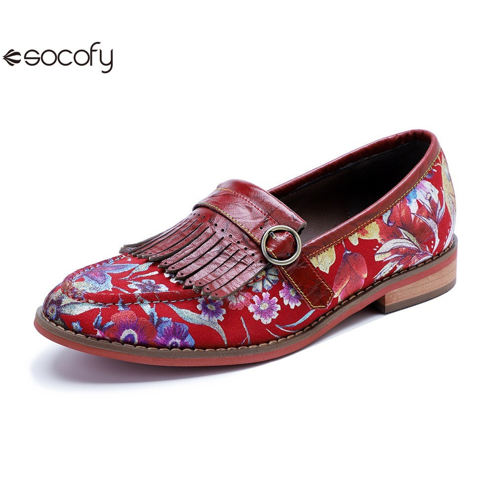 Socofy Handmade Leather Vintage Printed Tassel Flat Loafers Shoes