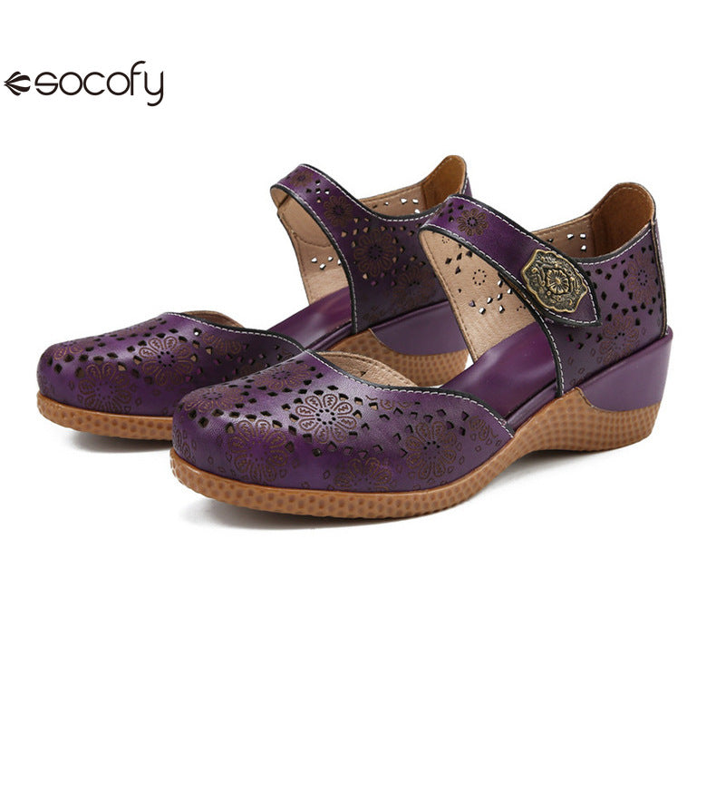 Socofy Genuine leather romantic three-dimensional flowers hollowed out sandals