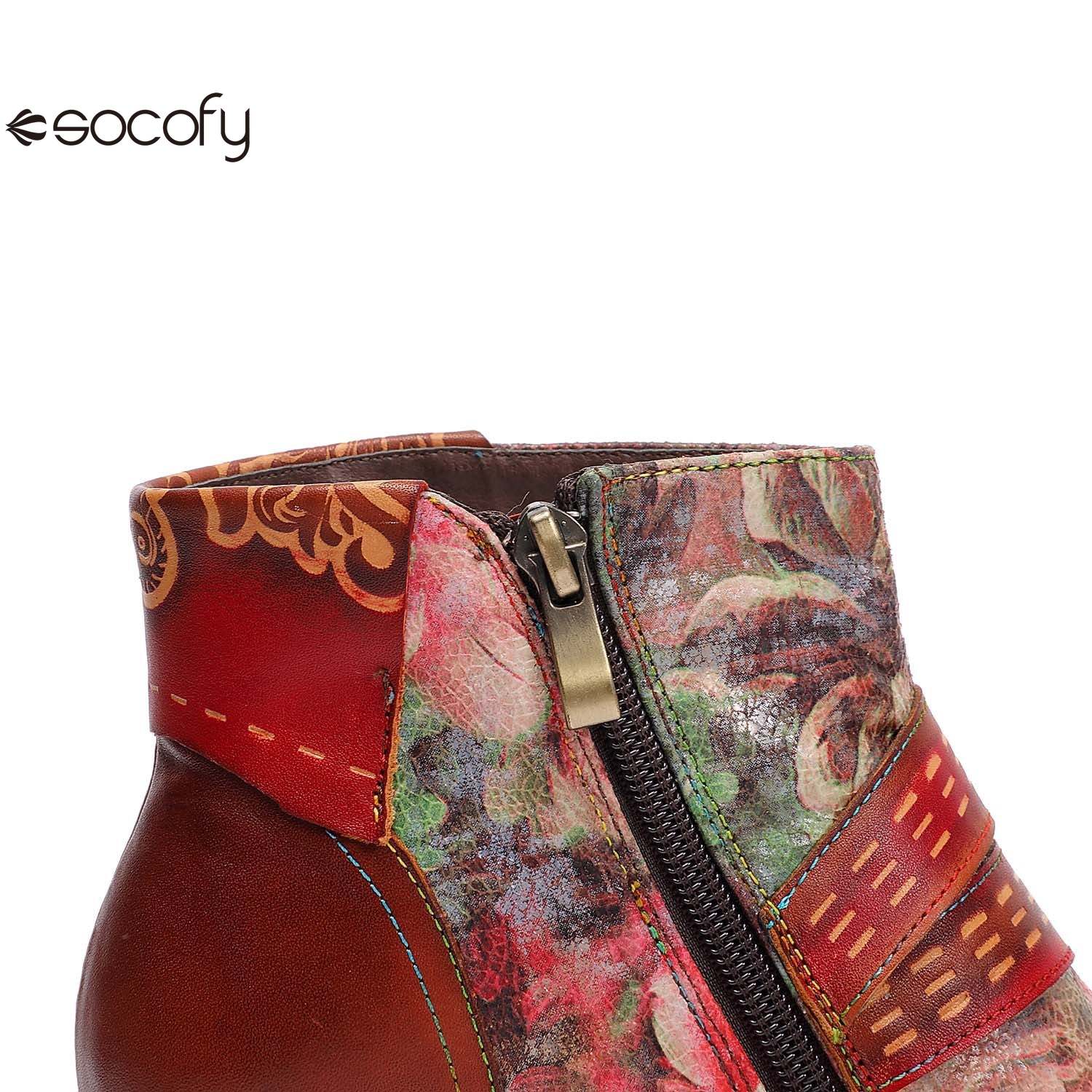 Socofy Retro leather stitching high ethnic style flower women's boots