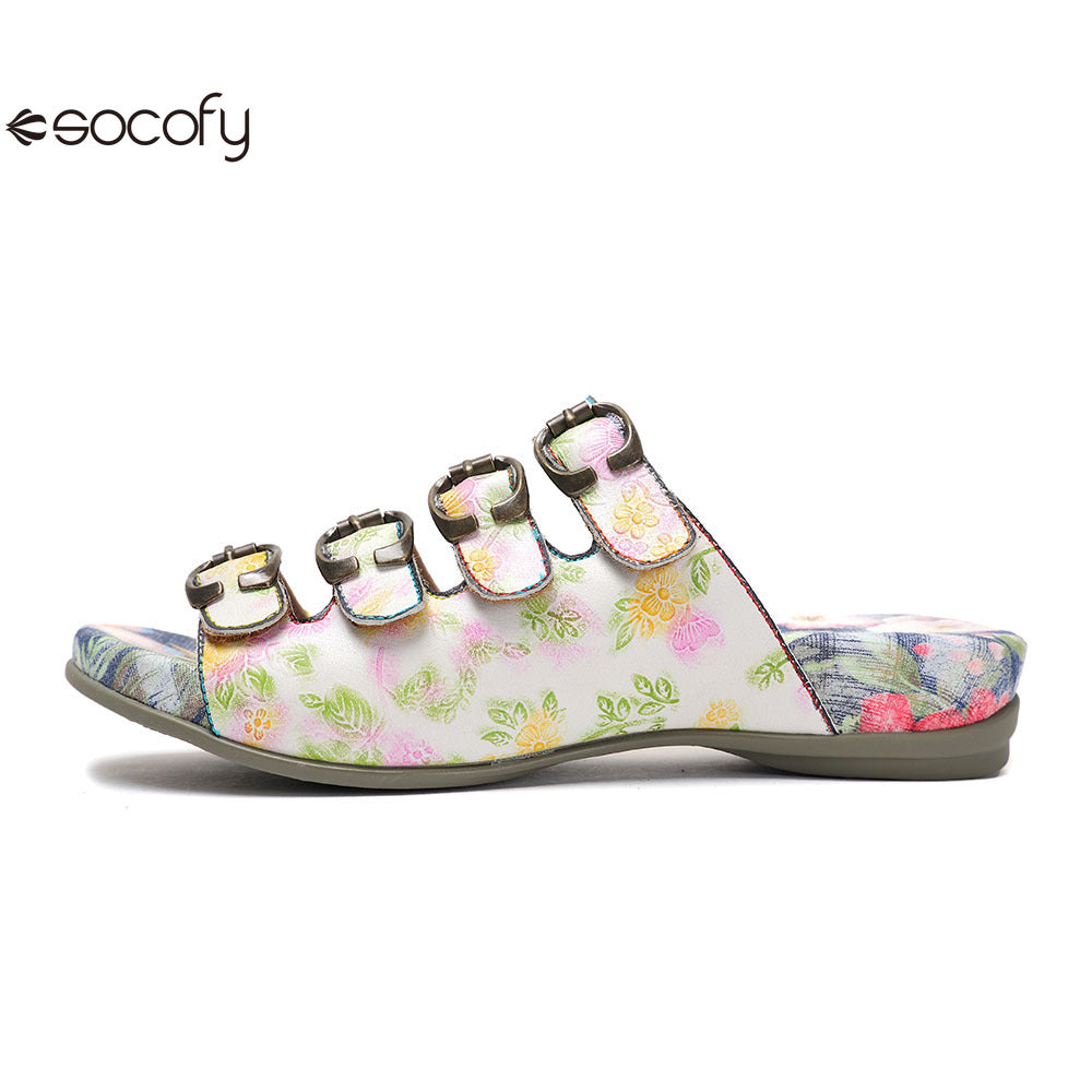 Socofy Vicconfy Summer Floral Leather Slippers