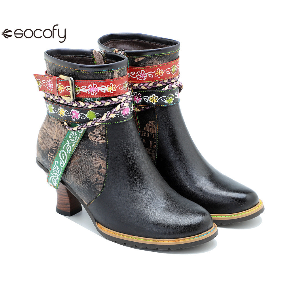 Socofy Vicconfy Genuine Leather Vintage Braided Belt Buckle Boots