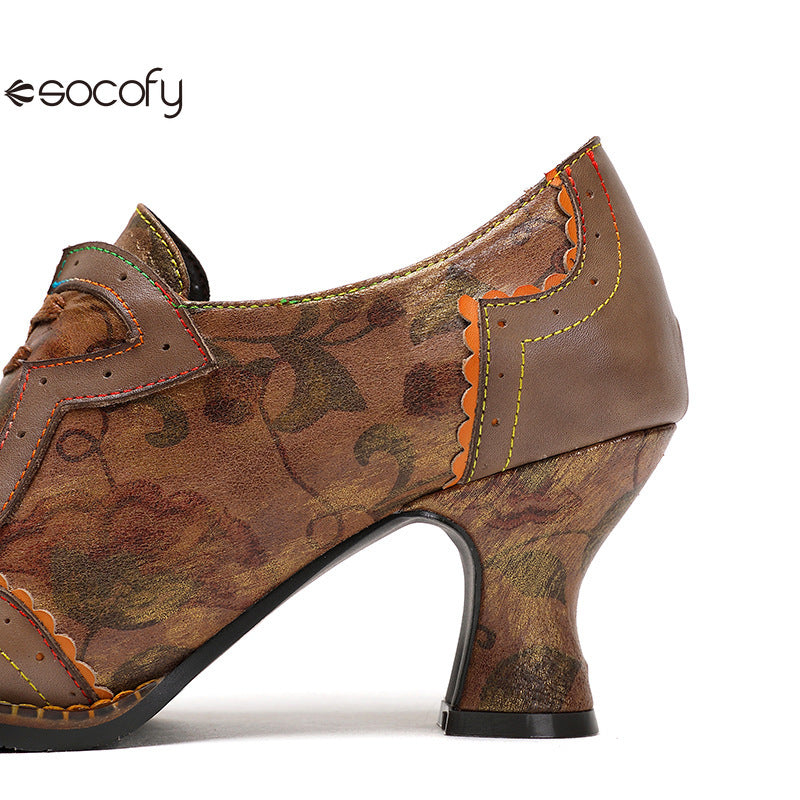 Socofy Vicconfy Genuine Leather Ethnic Brown High Heels