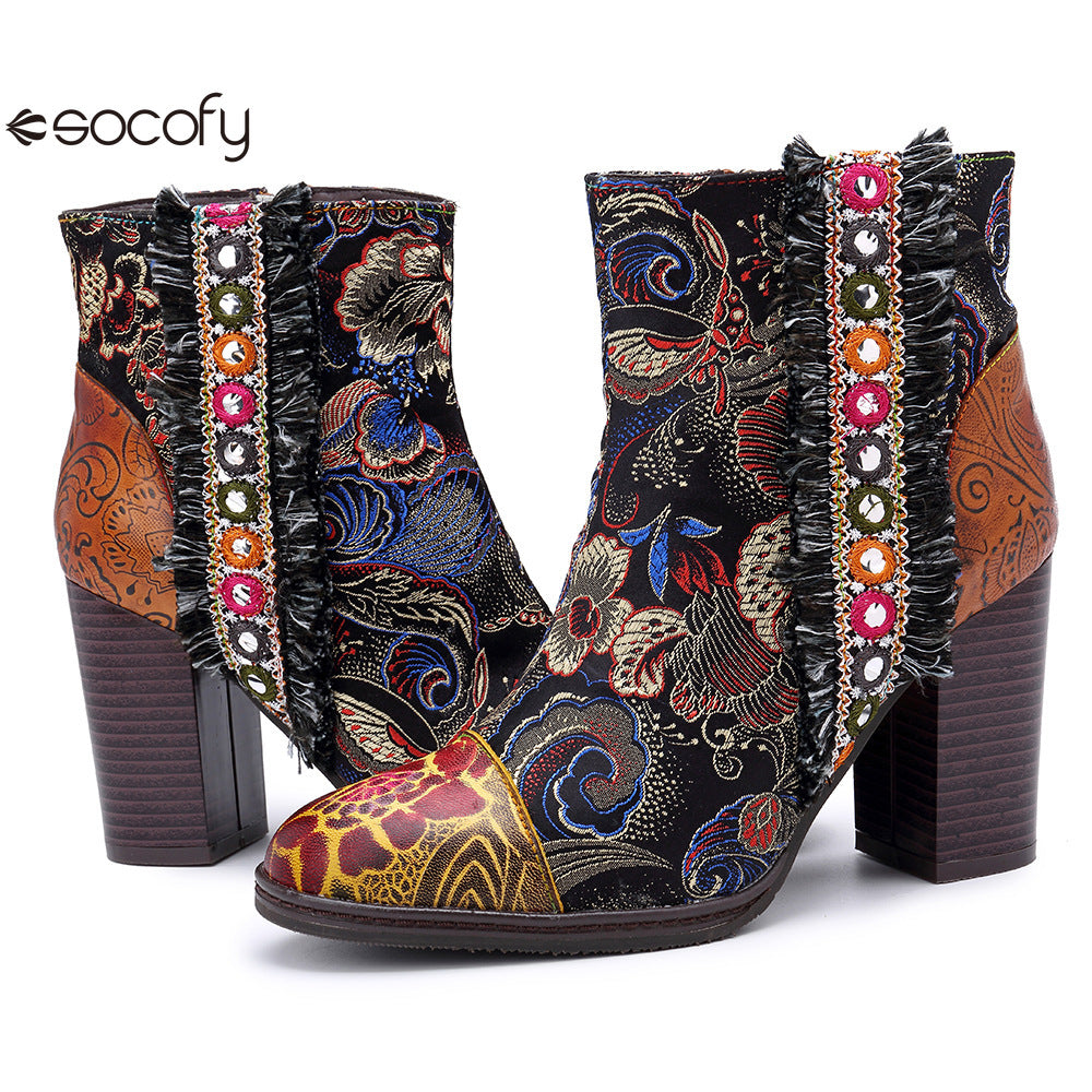 Socofy Vicconfy Genuine Leather Retro Court Style Chunky Heel Shiny Women's Boots