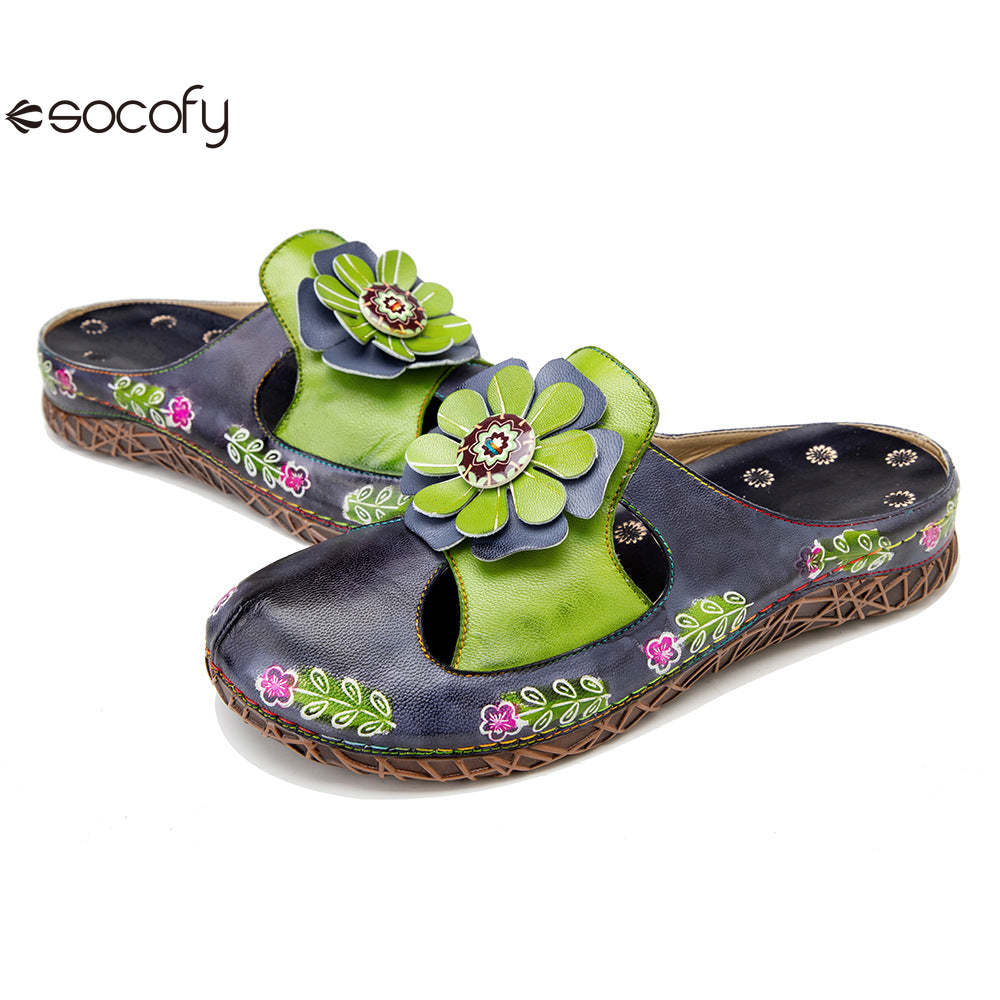 Socofy Flat Flower Daily Home Casual Back Heel Half Slippers Women