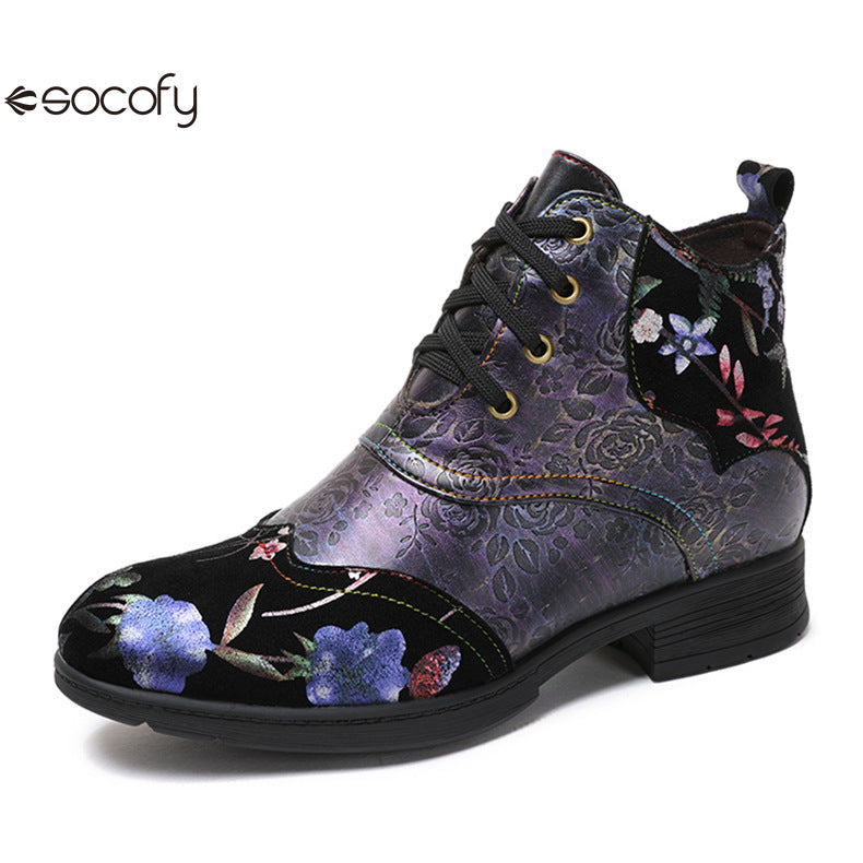 Socofy Vicconfy Genuine Leather Ethnic Illusion Blue Purple Vintage Ankle Boots