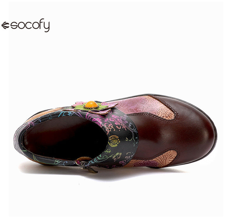 Socofy Vicconfy Ethnic Flower Leather Handmade Flat Shoes Low Heeled Single Shoes