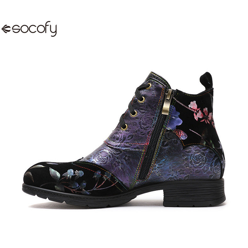 Socofy Vicconfy Genuine Leather Ethnic Illusion Blue Purple Vintage Ankle Boots