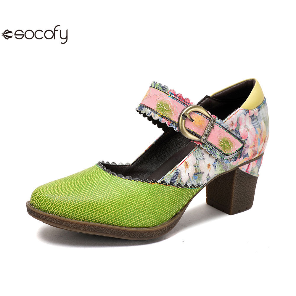 Socofy Vicconfy Floral Leather Women's Mary Jane Heel