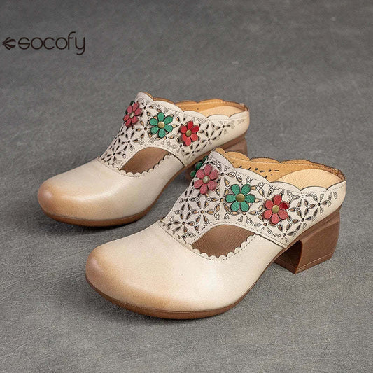 Socofy Ethnic Style Flower Mid Heel Round Toe Retro Comfortable Versatile Women Shoes 800