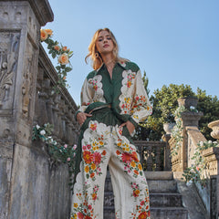 Linen positioned floral H-line long sleeve shirt Vacation long pants suit