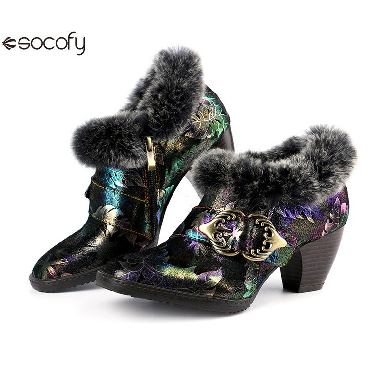 Socofy Vicconfy Genuine Leather Vintage Genuine Wool Patchwork Vintage Illusion Pumps