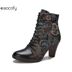 Socofy Vicconfy Cowhide Non-Slip Vintage Embroidered Heel Ankle Boots