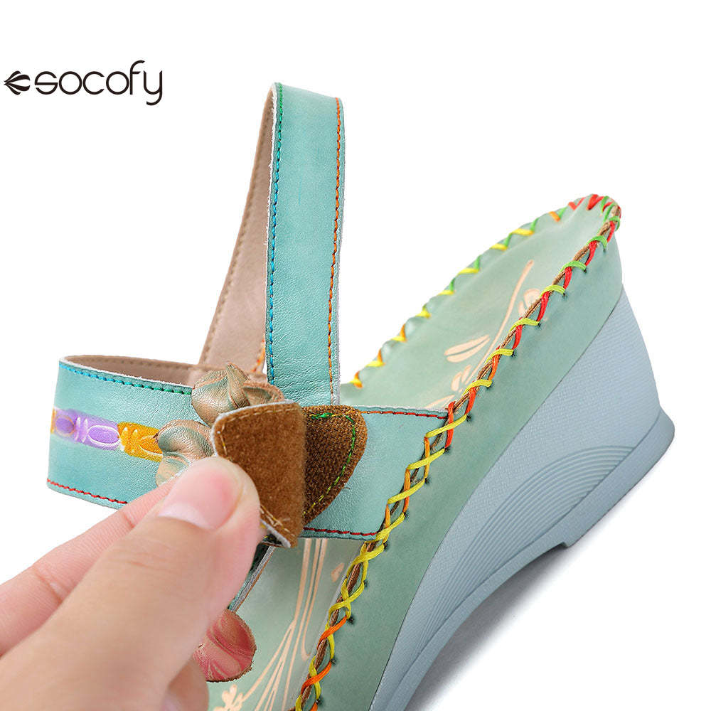 Socofy Vicconfy Genunie Leather Floral Handmade Women's Sandals