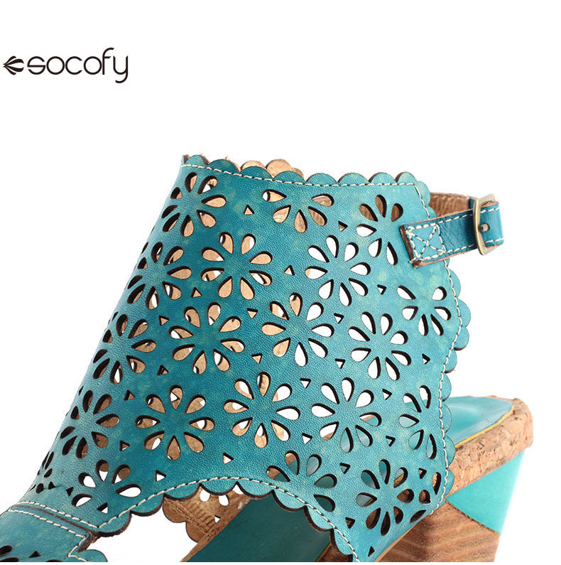 Socofy Vicconfy Open Toe Slingback Vintage Hollow Chunky Sandals