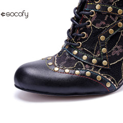 Socofy genuine leather Women's Leather Rivet Retro Fashion High Heeled Shoes