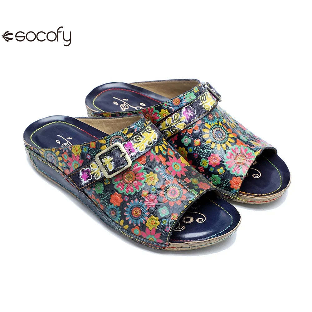 Socofy Spring Summer Genuine Leather Outside Slippers Hand-painted Retro Comfort Flat Sandals