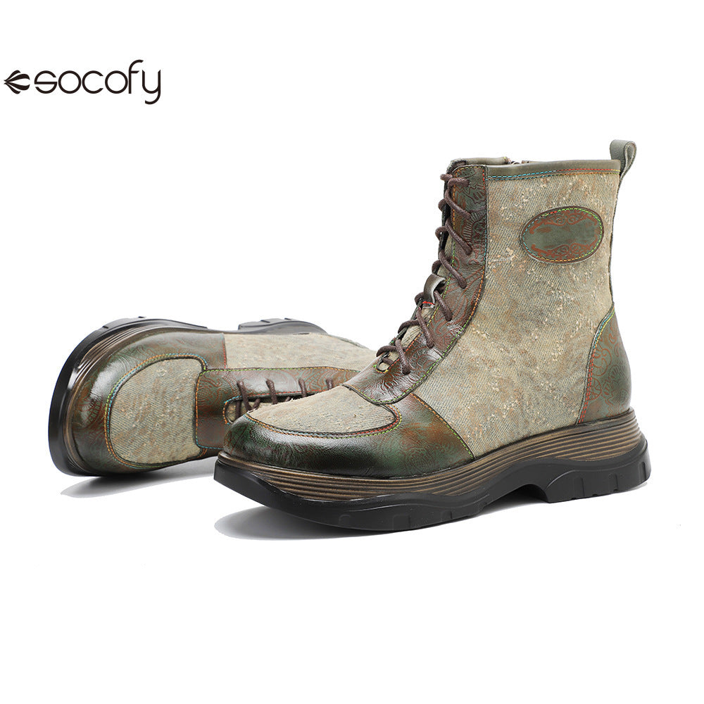 Socofy Vicconfy Genuine Leather Vintage Lace-Up Comfort Boots