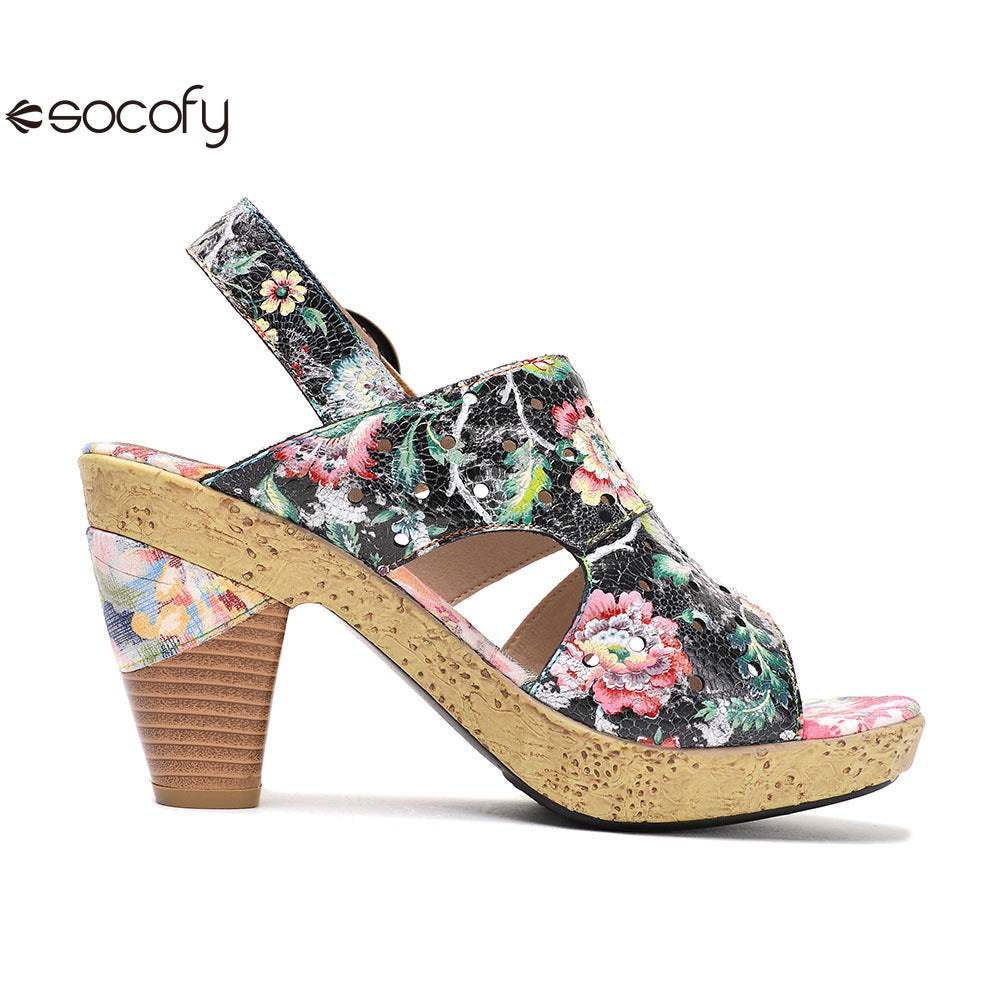 Socofy Vicconfy Leather Floral Heeled Black Sandals