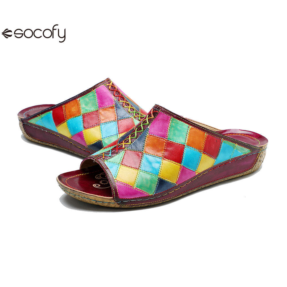 Socofy new summer style genuine leather retro plaid comfortable flat women's slippers