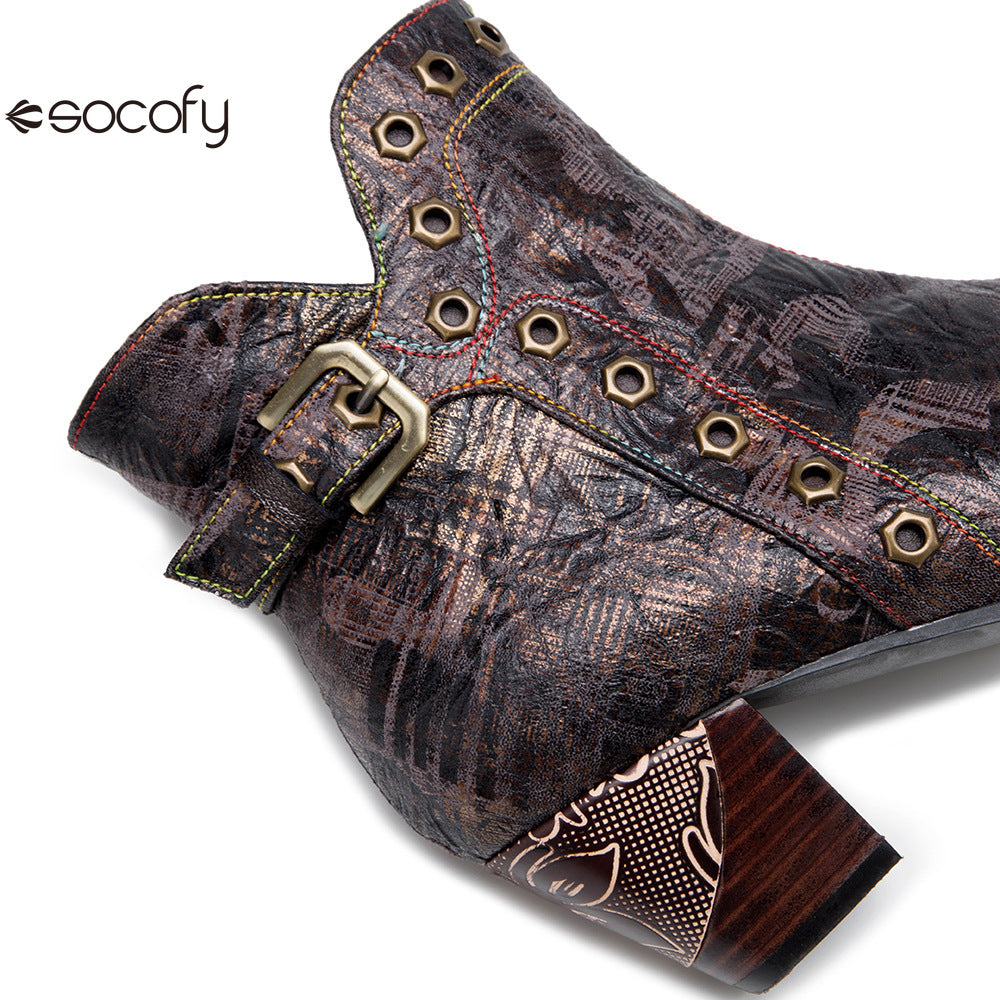 Socofy Vicconfy Genuine Leather Vintage Dark Gothic Women's Boots