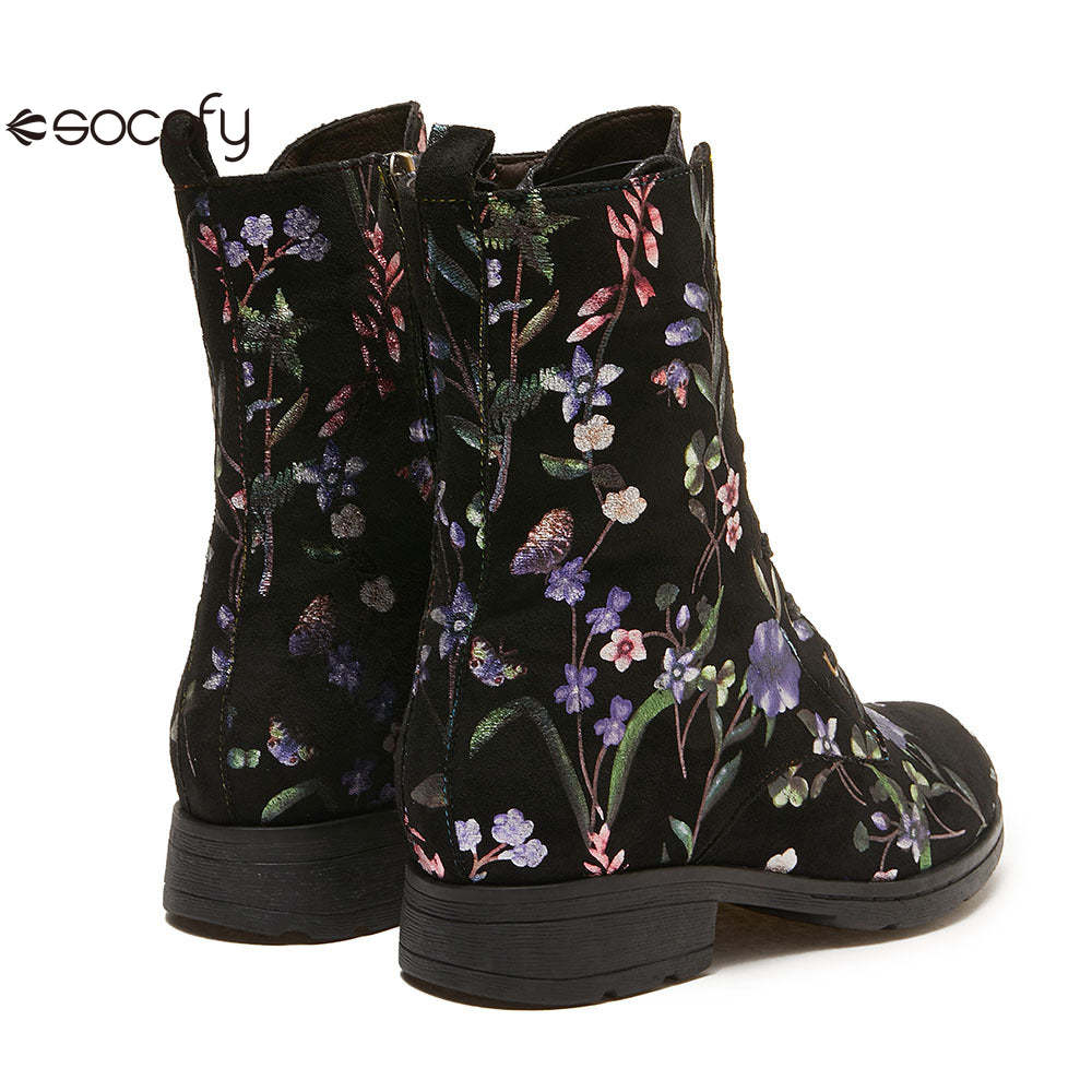 Socofy Autumn and winter warm and wear-resistant mid-calf round-toe cowhide leather fashion boots